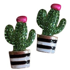 Betsey Johnson Dupe Cactus Earrings, Black & White Striped Pot, Flower, Gold